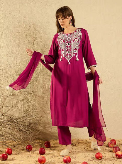 Wine Cotton Mirror Work Kurta Set