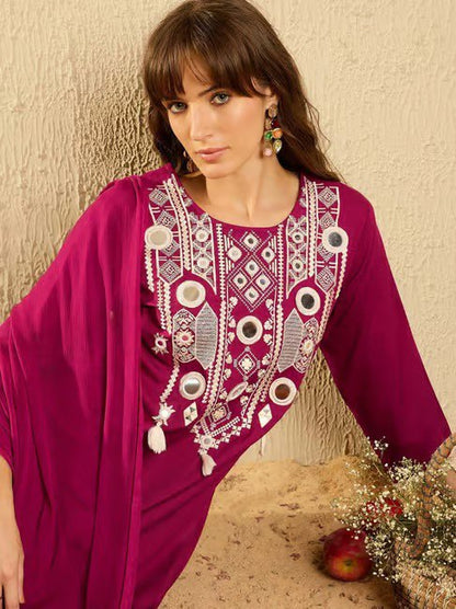 Wine Cotton Mirror Work Kurta Set