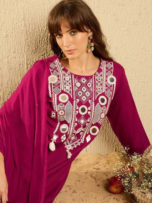 Wine Cotton Mirror Work Kurta Set
