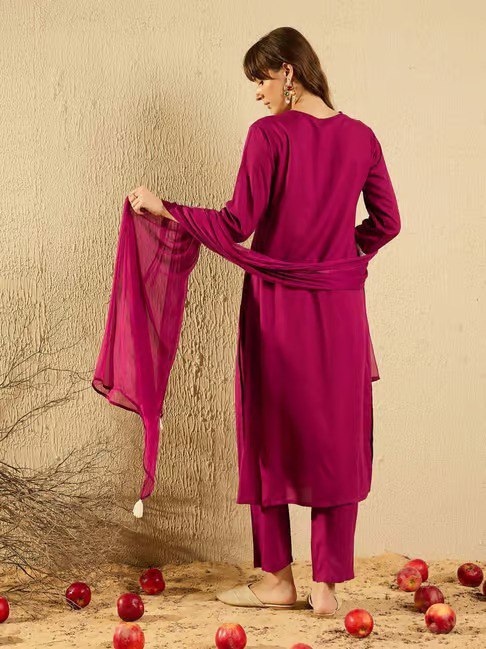 Wine Cotton Mirror Work Kurta Set