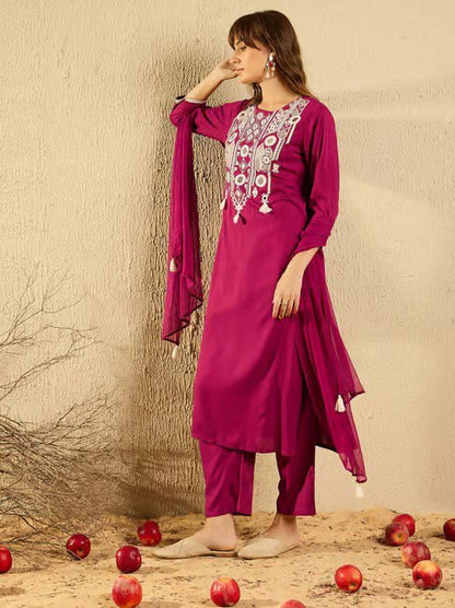 Wine Cotton Mirror Work Kurta Set