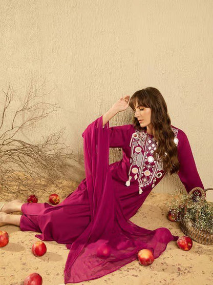 Wine Cotton Mirror Work Kurta Set