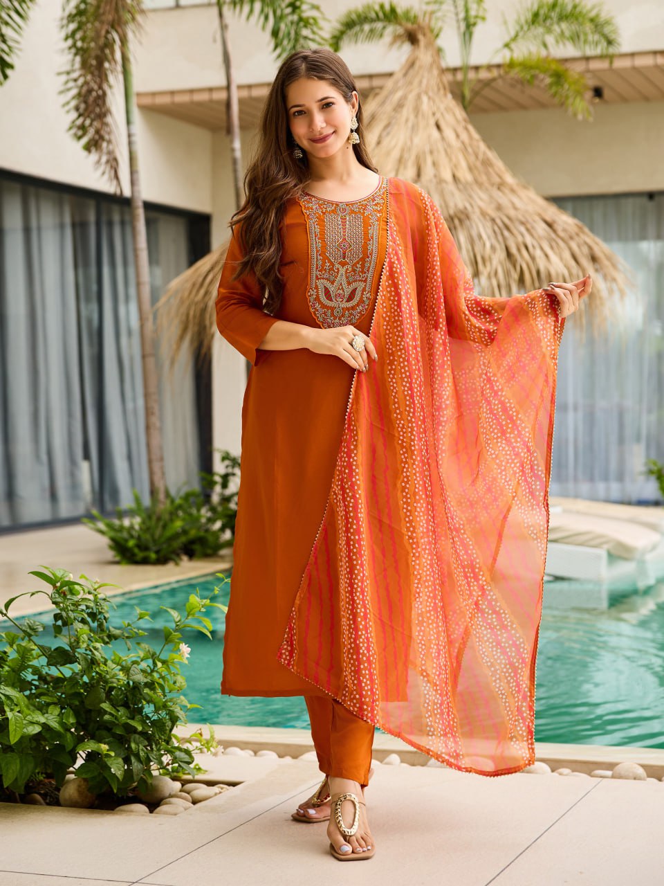 Rust Orange Bandhani Dupatta Kurta Set