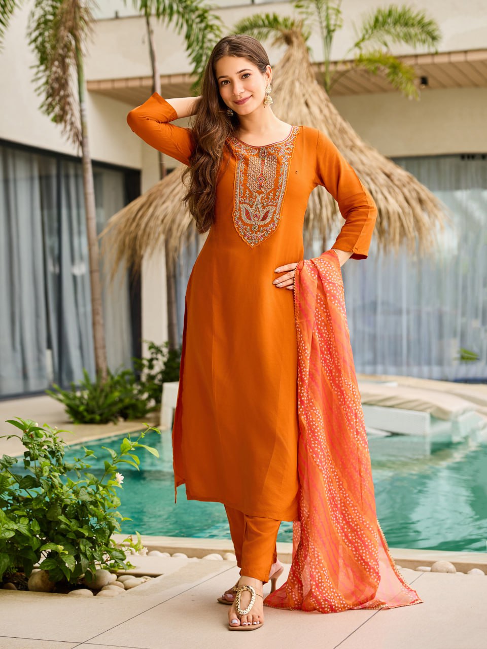 Rust Orange Bandhani Dupatta Kurta Set
