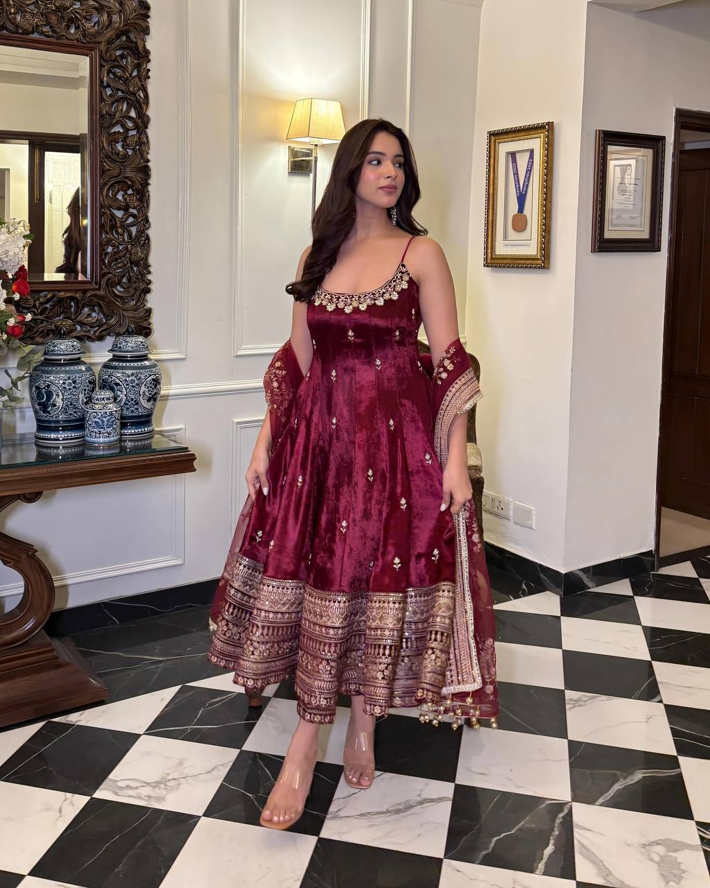 Women's Maroon Vichitra Silk Embroidered Anarkali Gown Set with Pant & Dupatta