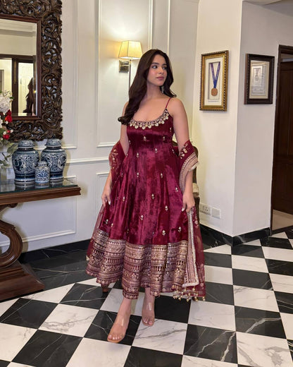 Women's Maroon Vichitra Silk Embroidered Anarkali Gown Set with Pant & Dupatta