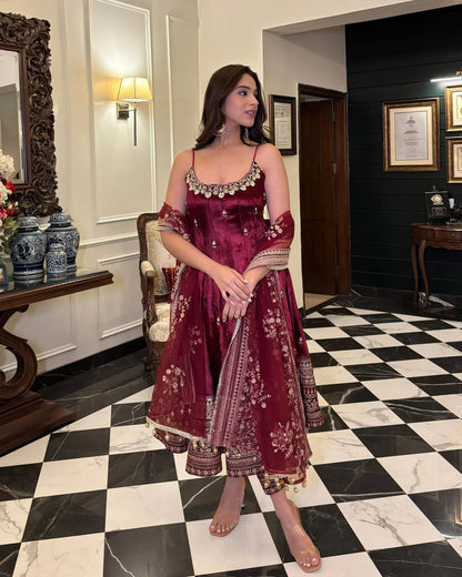 Women's Maroon Vichitra Silk Embroidered Anarkali Gown Set with Pant & Dupatta