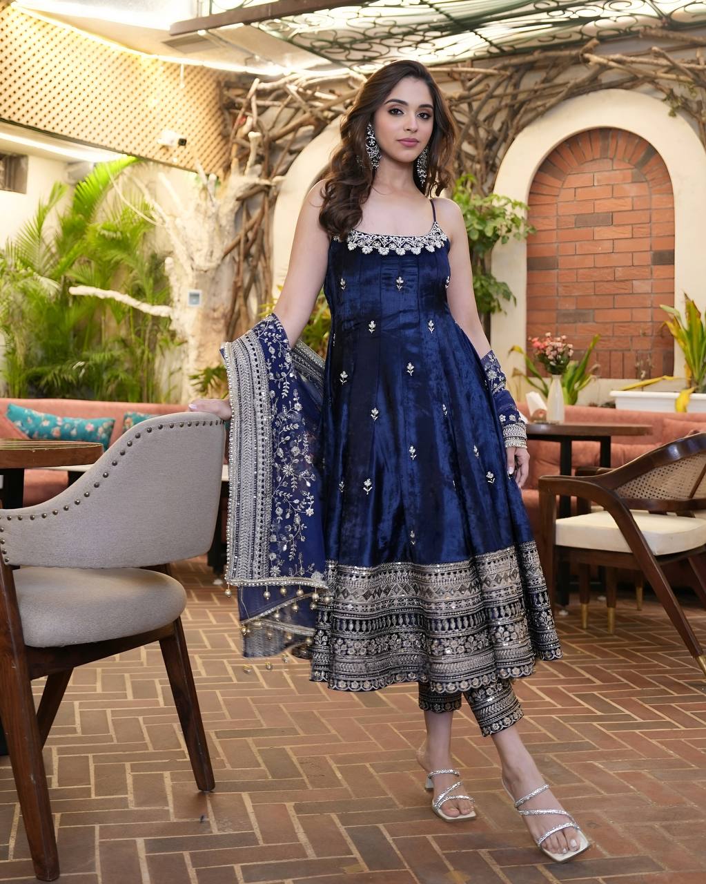Women's Royal Blue Vichitra Silk Heavy Embroidered Anarkali Gown Set with Pant & Dupatta | Festive & Wedding Wear