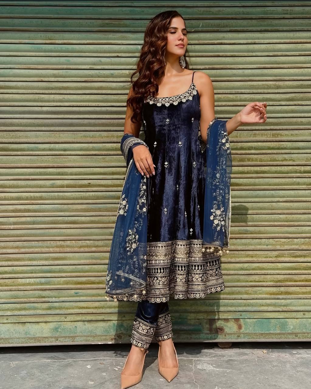 Women's Royal Blue Vichitra Silk Heavy Embroidered Anarkali Gown Set with Pant & Dupatta | Festive & Wedding Wear