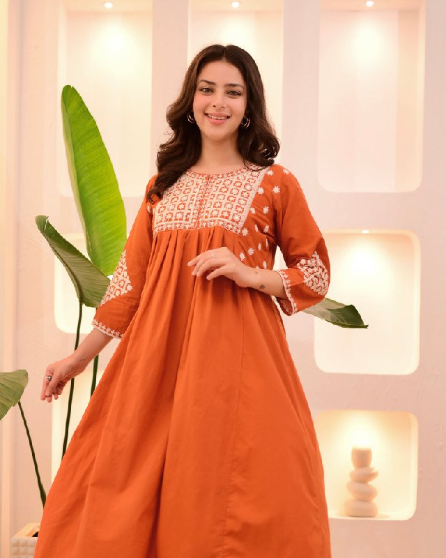 Rust Orange Embroidered Flared Kurta Set
