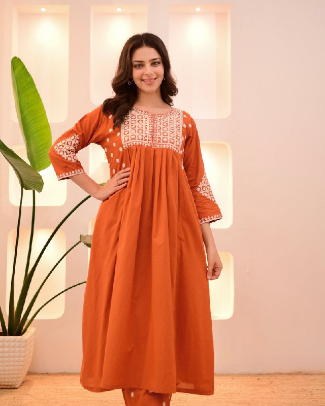 Rust Orange Embroidered Flared Kurta Set