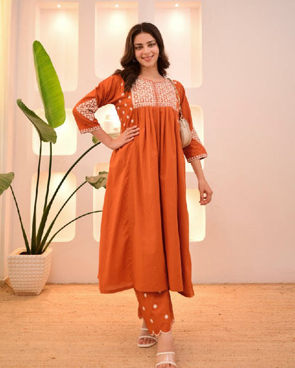 Rust Orange Embroidered Flared Kurta Set