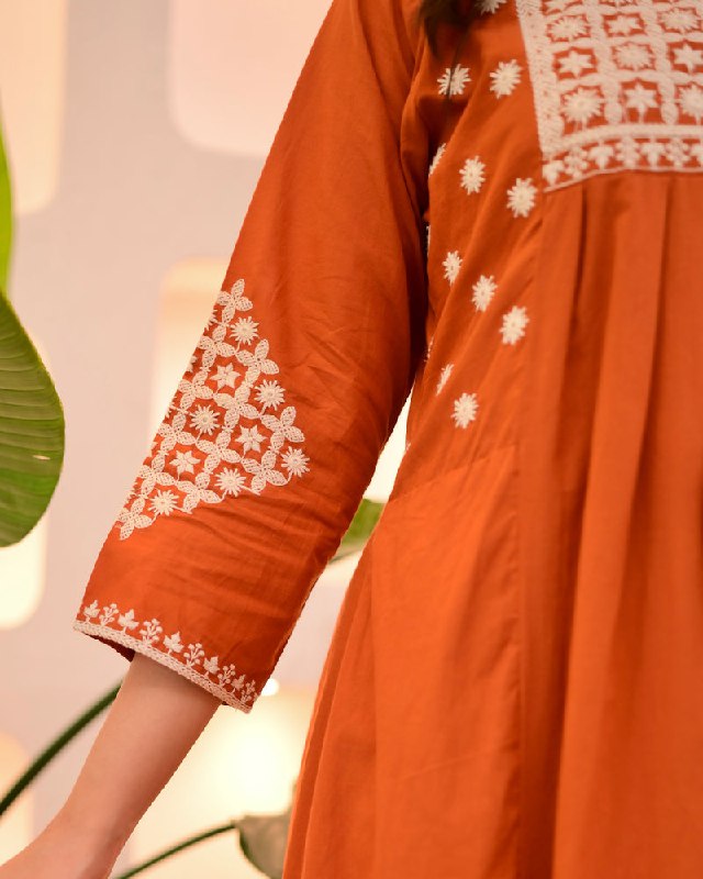 Rust Orange Embroidered Flared Kurta Set