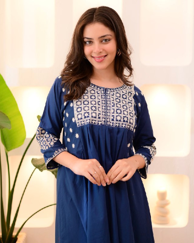 Navy Blue Embroidered Flared Kurta Set