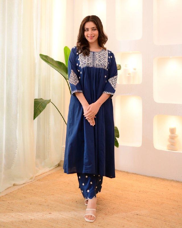 Navy Blue Embroidered Flared Kurta Set