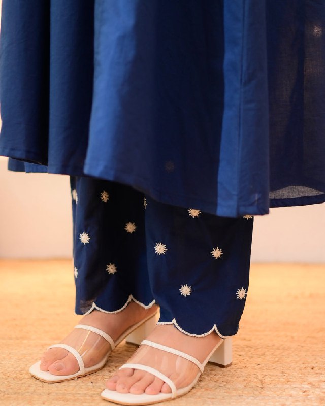 Navy Blue Embroidered Flared Kurta Set