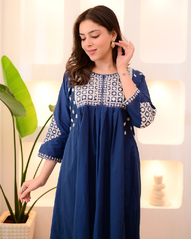 Navy Blue Embroidered Flared Kurta Set