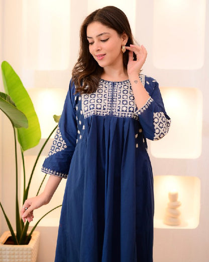 Navy Blue Embroidered Flared Kurta Set