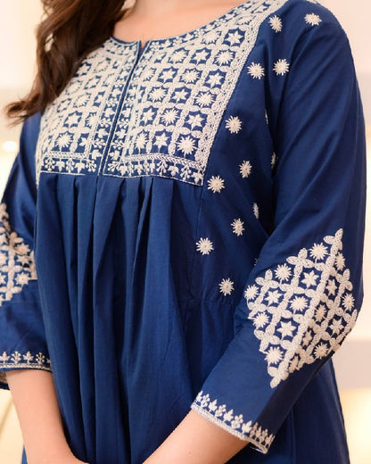 Navy Blue Embroidered Flared Kurta Set