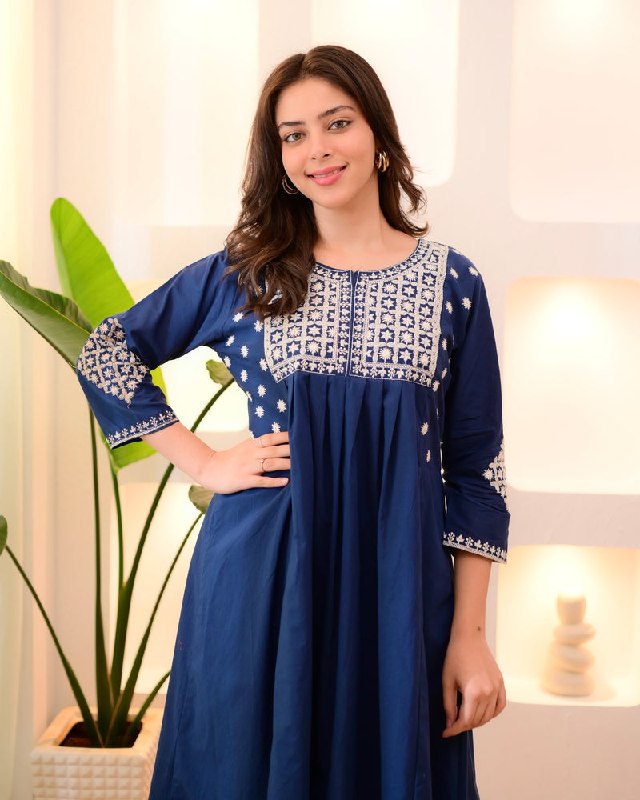 Navy Blue Embroidered Flared Kurta Set
