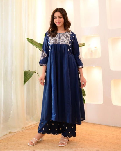 Navy Blue Embroidered Flared Kurta Set