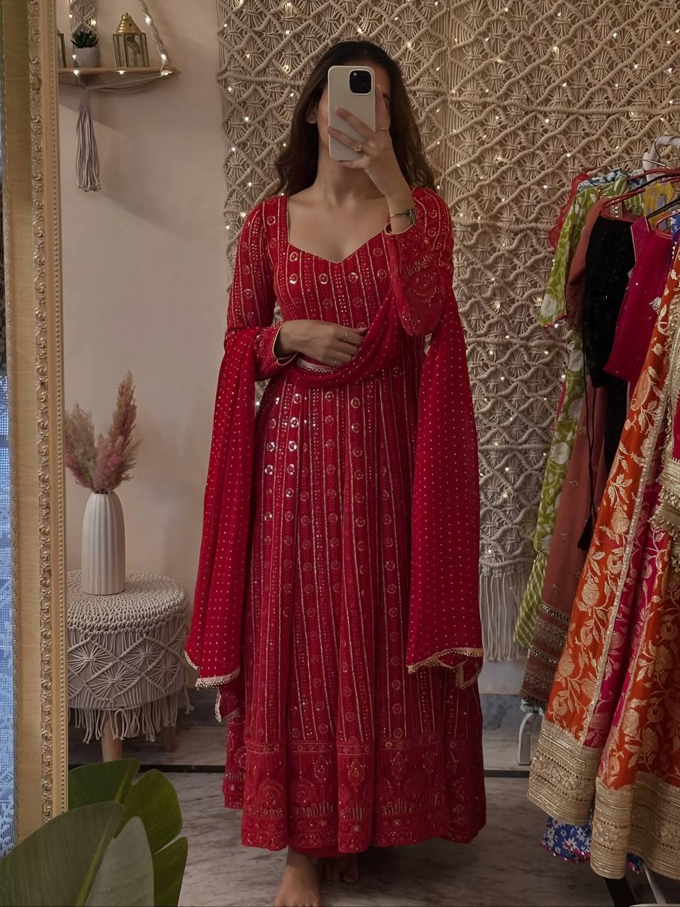 Women's Red Embroidered Anarkali Suit Set with Pant & Dupatta | Festive & Wedding Wear