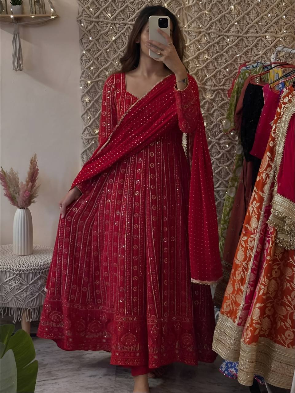 Women's Red Embroidered Anarkali Suit Set with Pant & Dupatta | Festive & Wedding Wear
