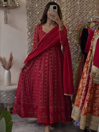 Women's Red Embroidered Anarkali Suit Set with Pant & Dupatta | Festive & Wedding Wear