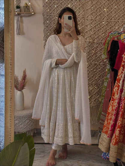 Women's White Embroidered Anarkali Suit Set with Pant & Dupatta | Festive & Wedding Wear