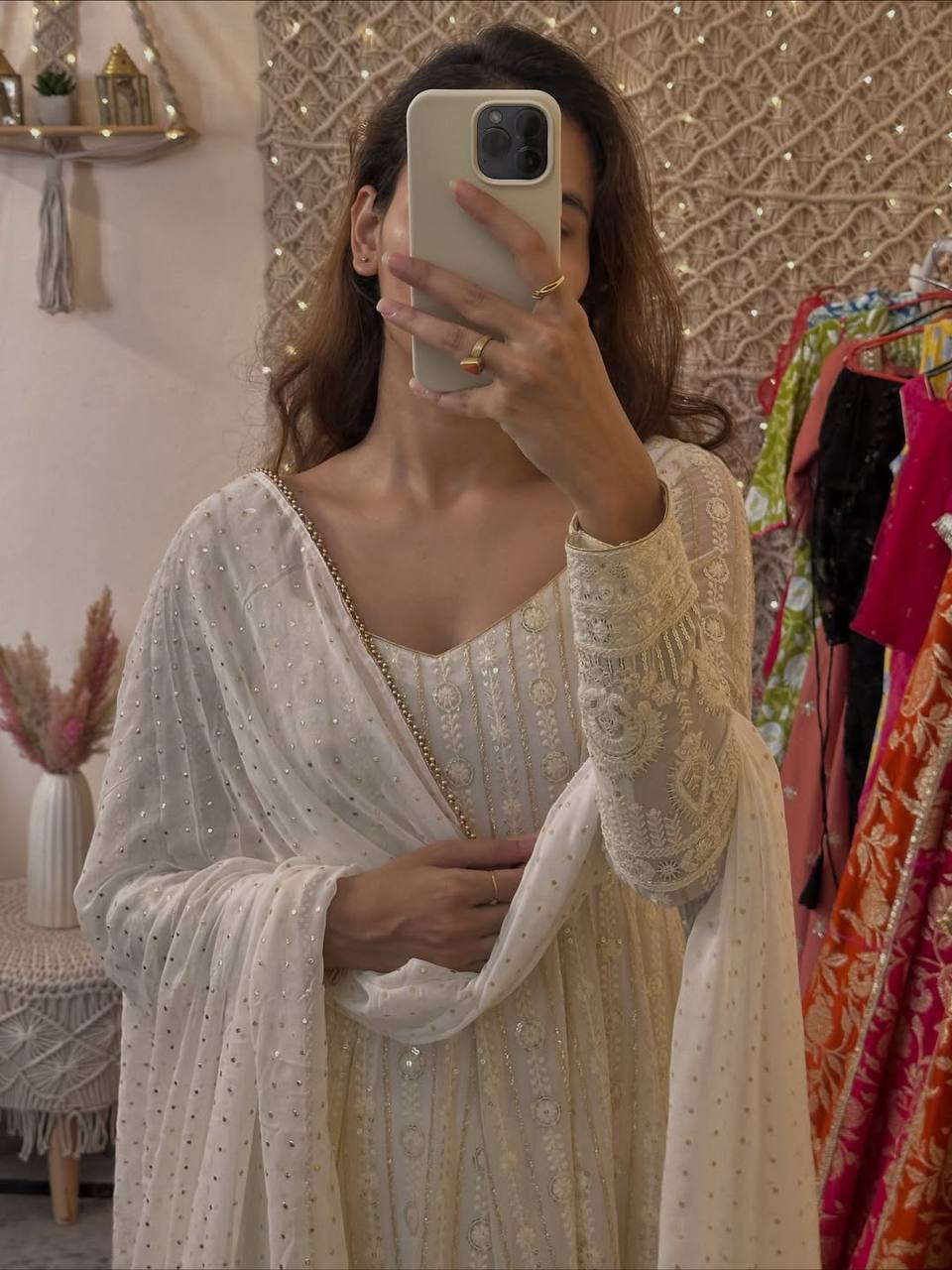 Women's White Embroidered Anarkali Suit Set with Pant & Dupatta | Festive & Wedding Wear