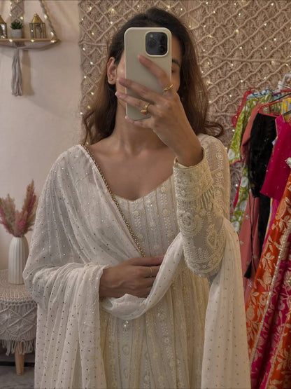 Women's White Embroidered Anarkali Suit Set with Pant & Dupatta | Festive & Wedding Wear