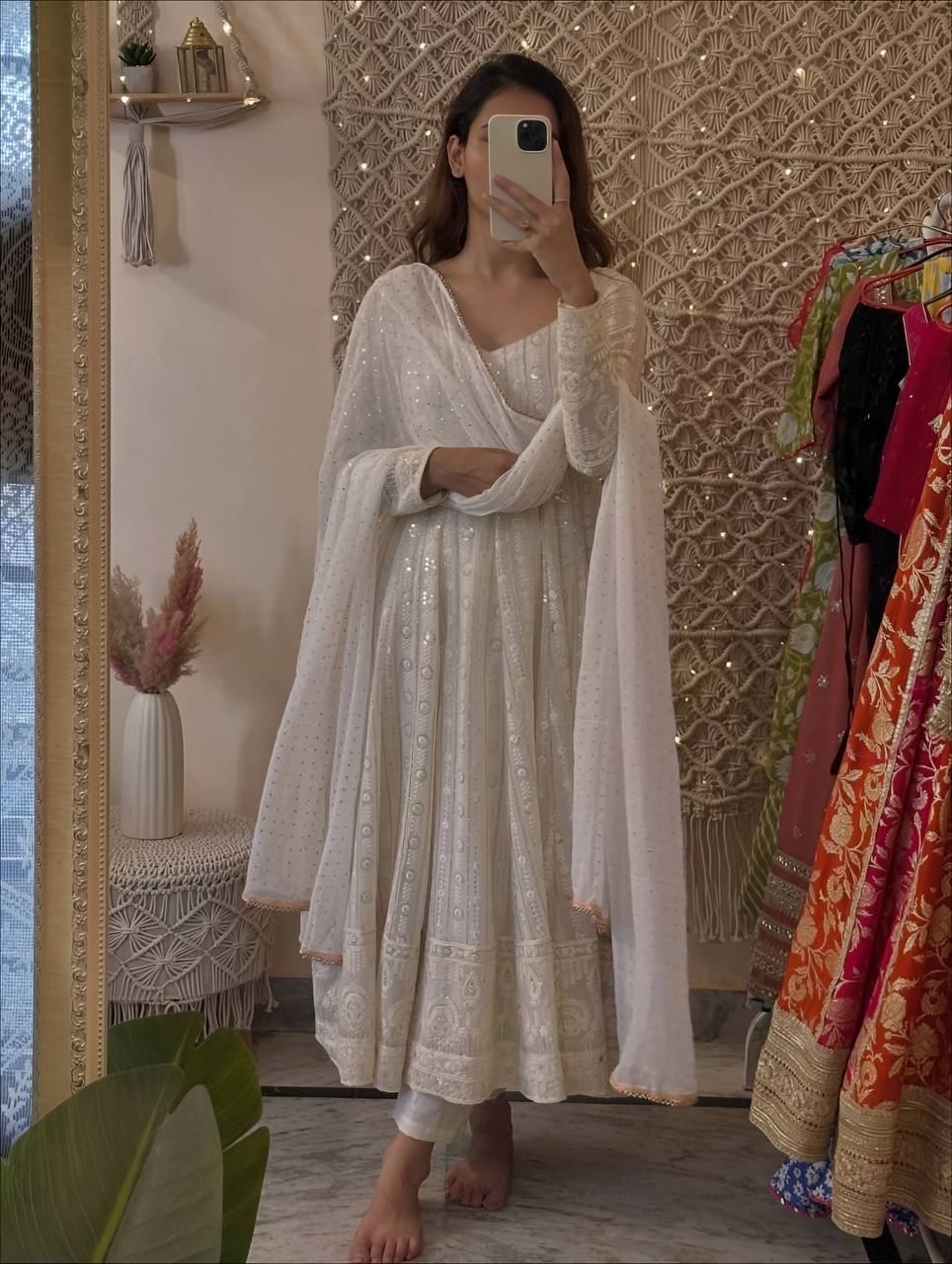 Women's White Embroidered Anarkali Suit Set with Pant & Dupatta | Festive & Wedding Wear