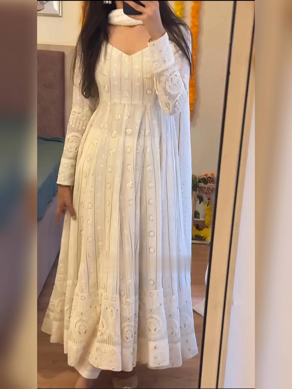 Women's White Embroidered Anarkali Suit Set with Pant & Dupatta | Festive & Wedding Wear