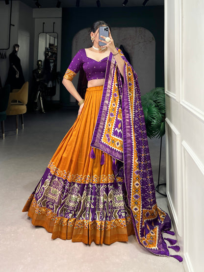 Mustard & Purple Silk Patola Lehenga Set