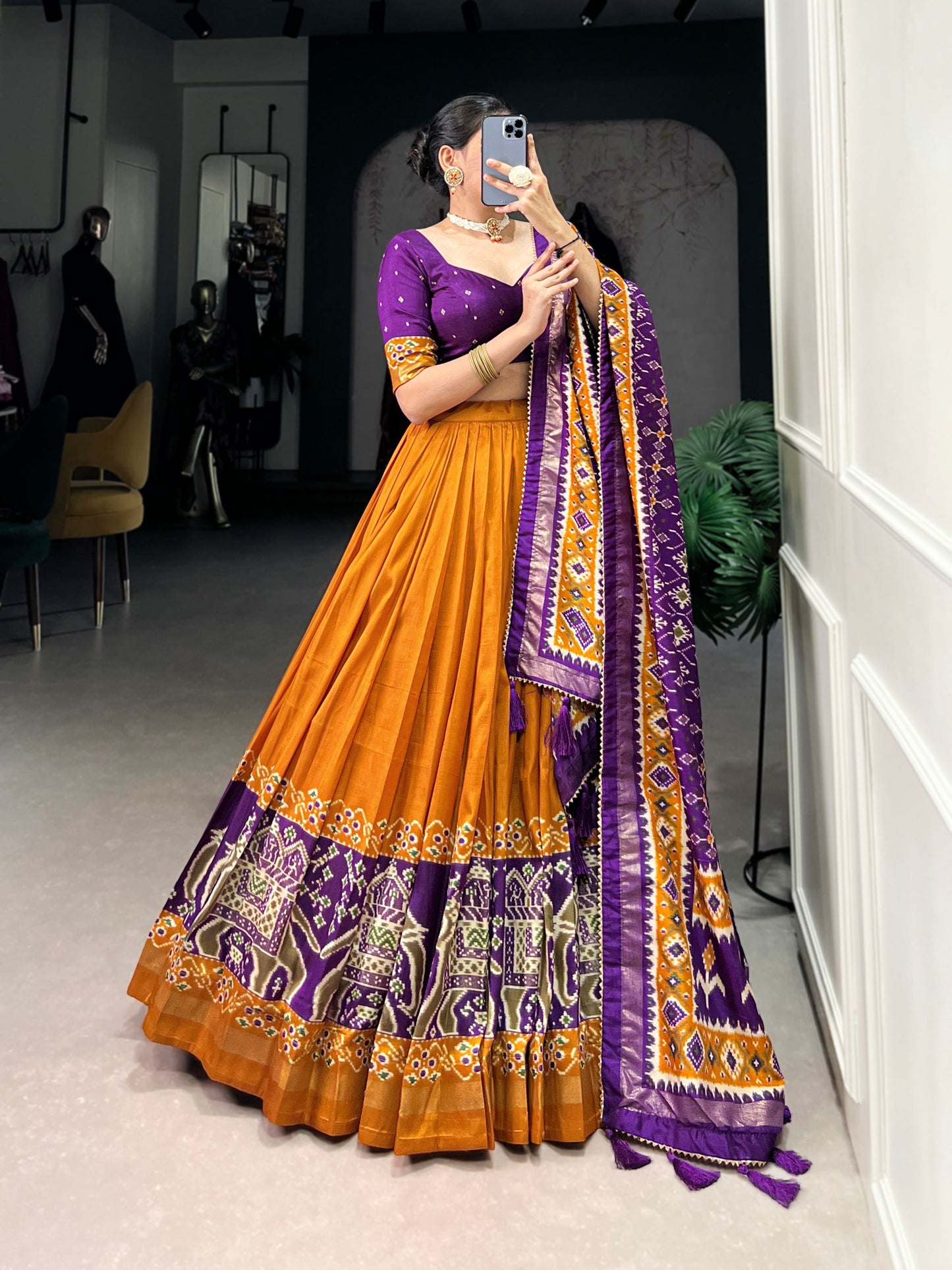 Mustard & Purple Silk Patola Lehenga Set