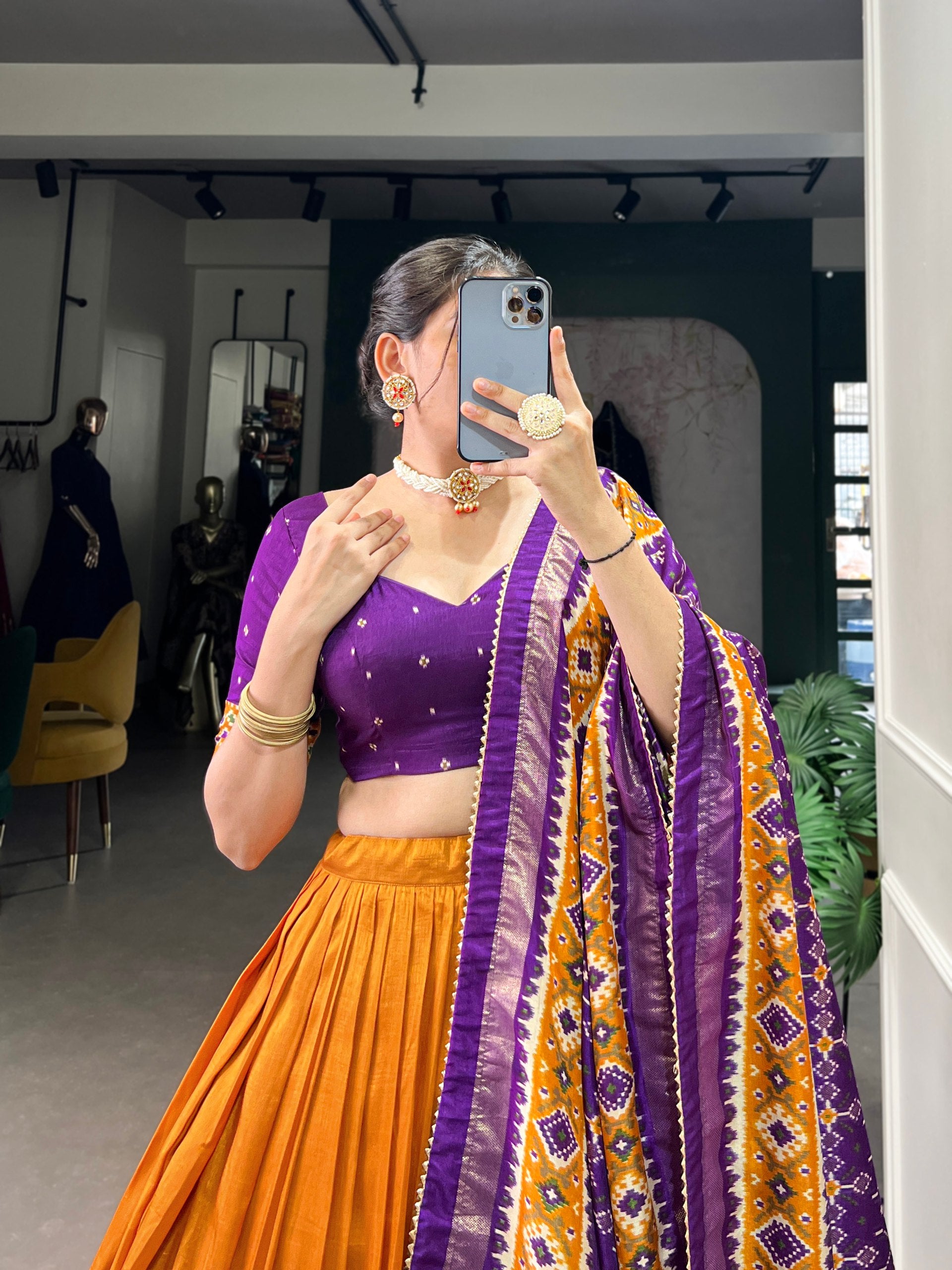 Mustard & Purple Silk Patola Lehenga Set