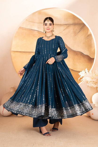Women's Teal Blue Georgette Embroidered Anarkali Kurta Set with Palazzo & Dupatta | Festive Wear