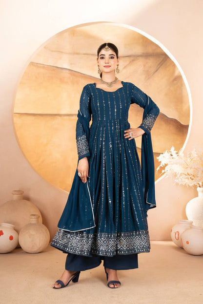 Women's Teal Blue Georgette Embroidered Anarkali Kurta Set with Palazzo & Dupatta | Festive Wear