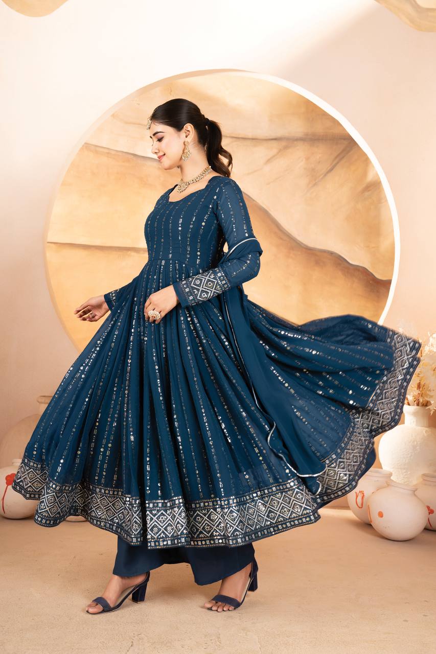 Women's Teal Blue Georgette Embroidered Anarkali Kurta Set with Palazzo & Dupatta | Festive Wear