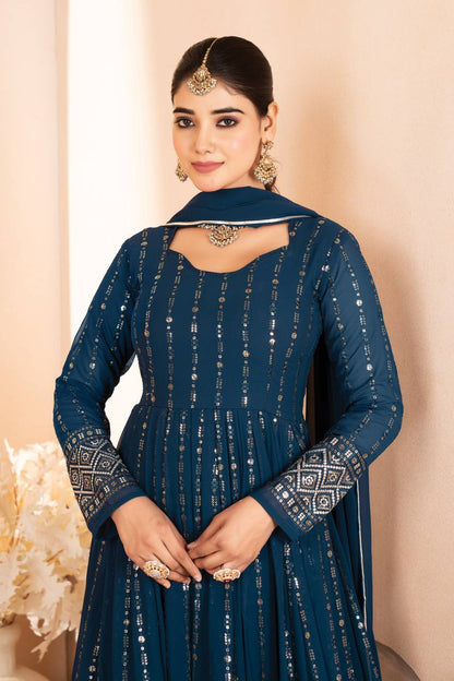 Women's Teal Blue Georgette Embroidered Anarkali Kurta Set with Palazzo & Dupatta | Festive Wear