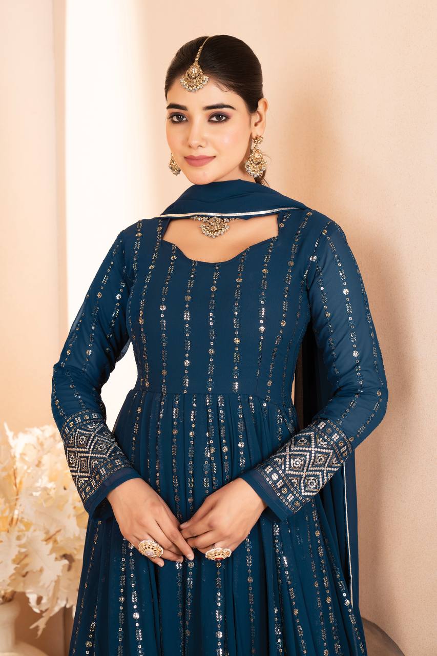 Women's Teal Blue Georgette Embroidered Anarkali Kurta Set with Palazzo & Dupatta | Festive Wear
