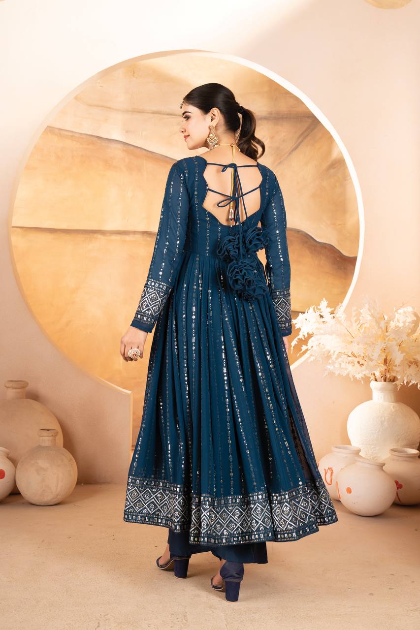 Women's Teal Blue Georgette Embroidered Anarkali Kurta Set with Palazzo & Dupatta | Festive Wear