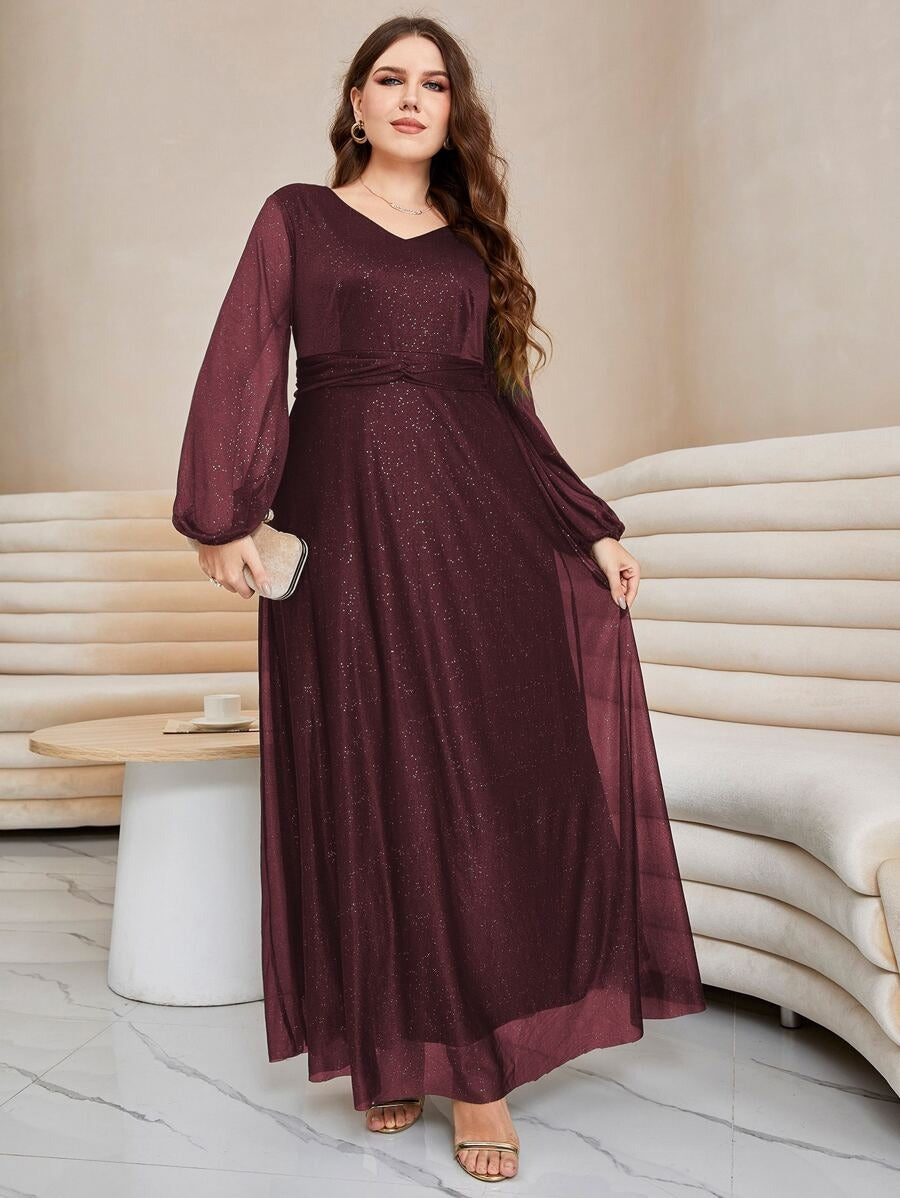Rovika Fashion Women's Elegant Shimmer Maxi Dress with Waist Belt – Wine