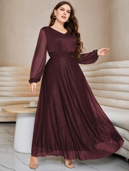 Rovika Fashion Women's Elegant Shimmer Maxi Dress with Waist Belt – Wine
