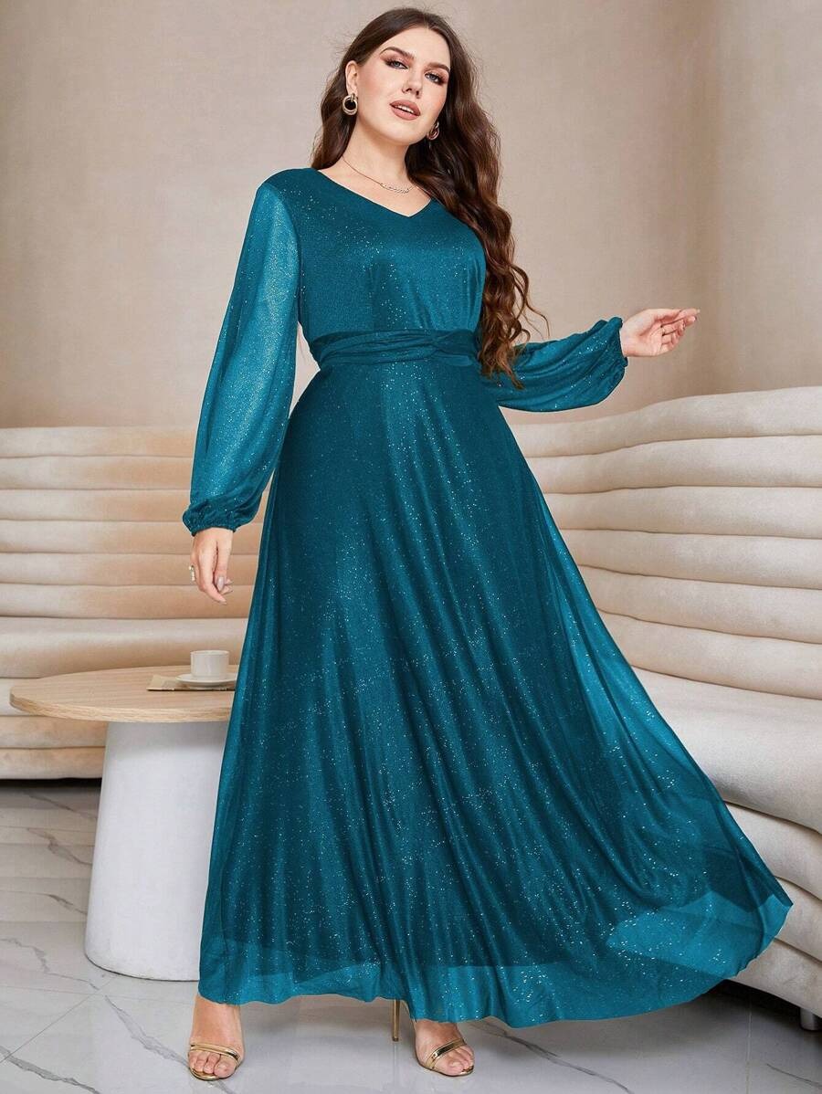 Rovika Fashion Women's Elegant Shimmer Maxi Dress with Waist Belt – Green