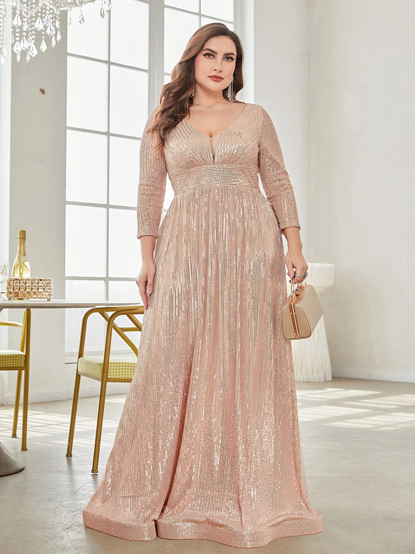 Rovika Fashion Women's Champagne Gold Sequin Maxi Party Gown