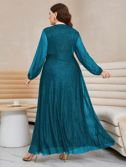 Rovika Fashion Women's Elegant Shimmer Maxi Dress with Waist Belt – Green