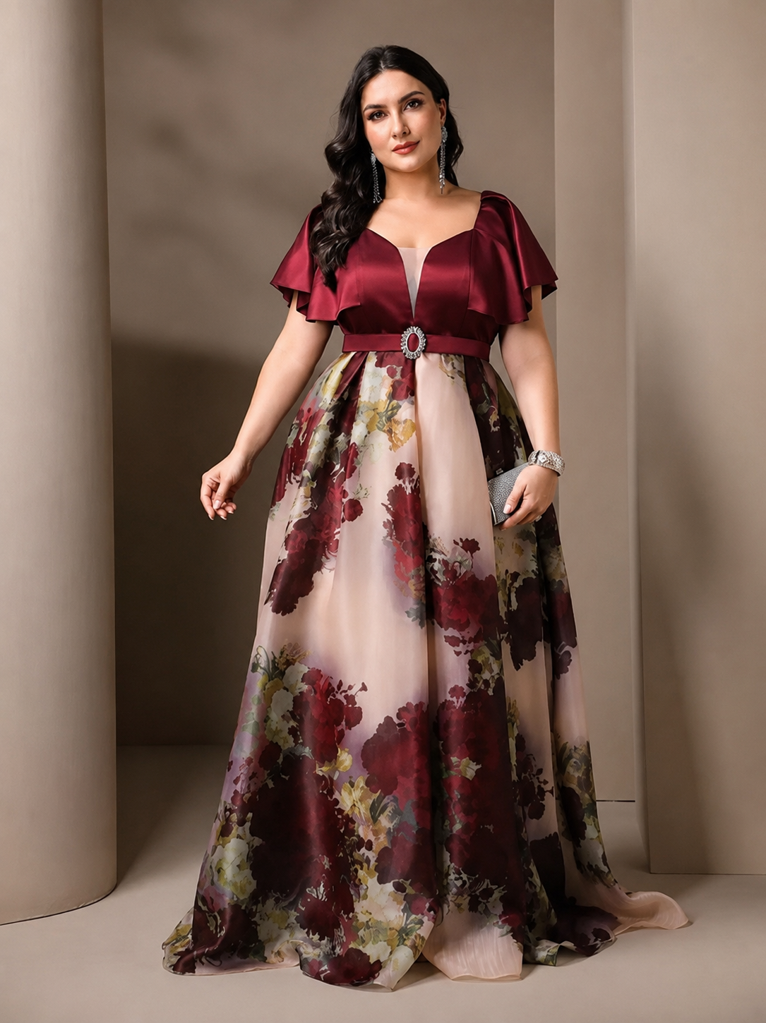 Rovika Fashion Women's Premium Satin Floral Print Party Wear Maxi Gown with Belt