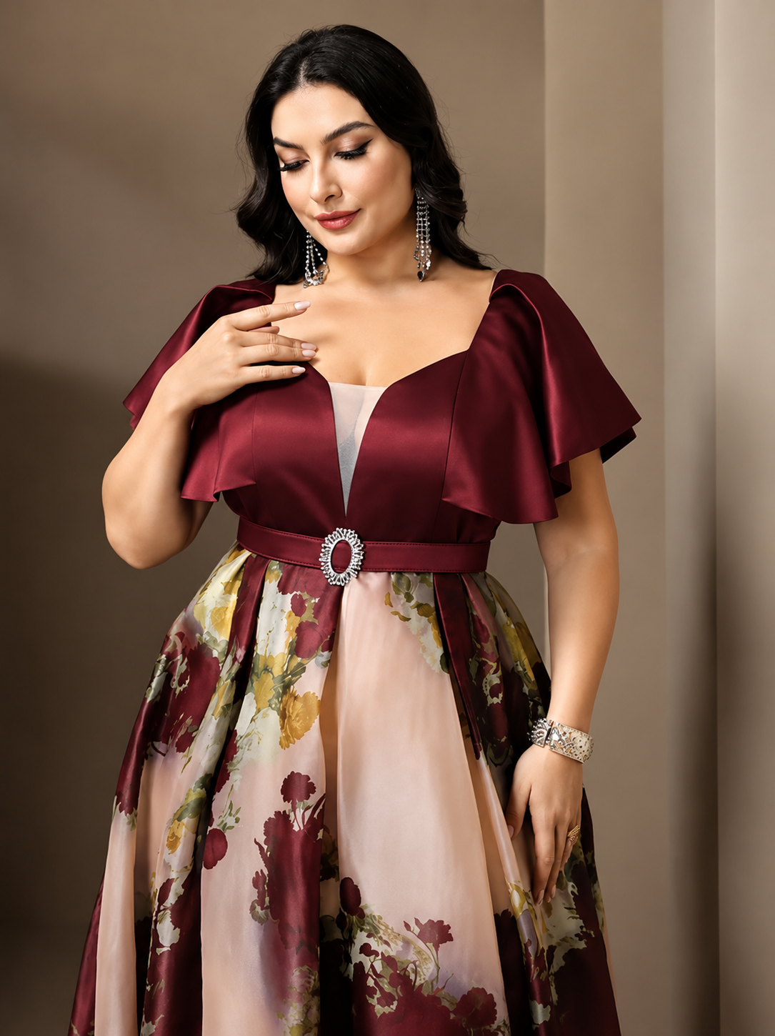 Rovika Fashion Women's Premium Satin Floral Print Party Wear Maxi Gown with Belt