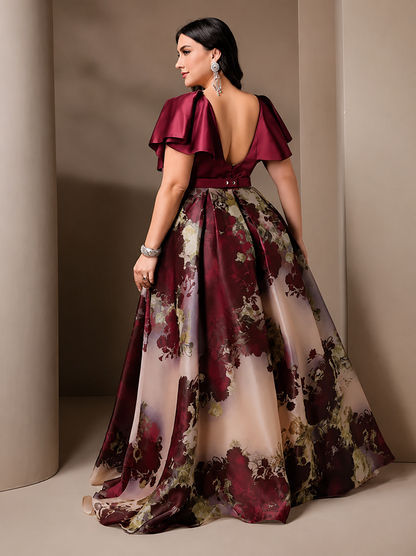 Rovika Fashion Women's Premium Satin Floral Print Party Wear Maxi Gown with Belt